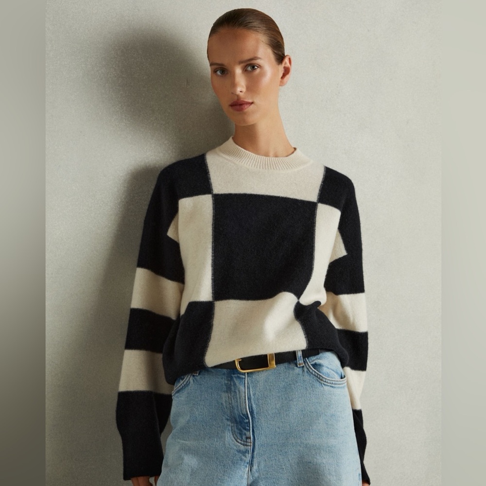 Reiss Wool Cashmere Check Intarsia Sweater Size Medium